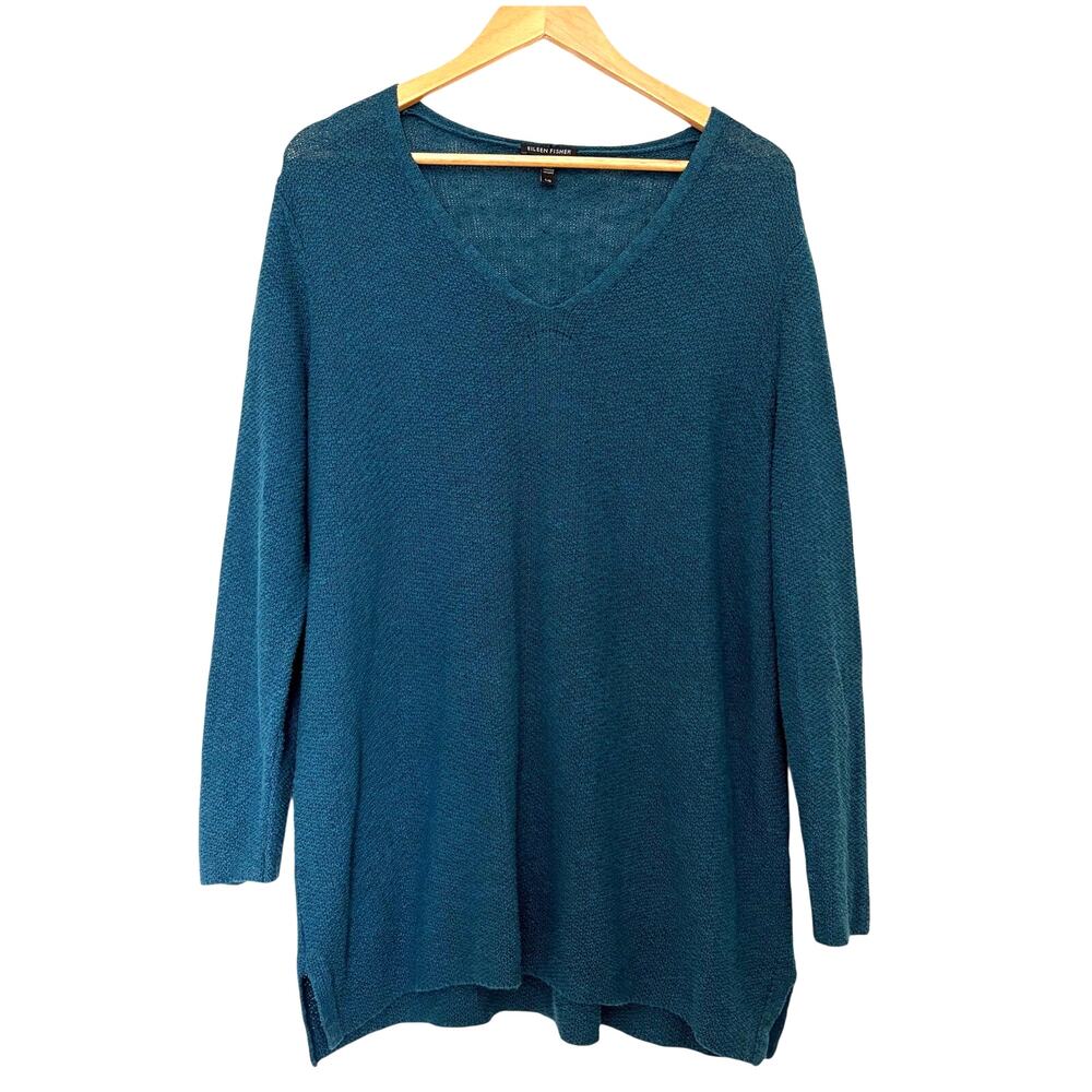 Eileen Fisher Organic Linen Cotton V-neck Summer Sweater Blue Size L Tunic
